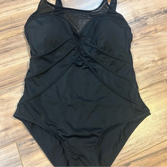 Longitude Women’s 22W Black One Piece Swimsuit Mesh Neckline Tummy Control - Picture 5 of 8